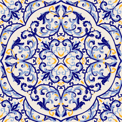 Seamless colorful pattern with Turkish motif. Hand drawn seamless abstract pattern from floral mandala. Majolica pottery tile, blue, yellow azulejo. Original traditional Portuguese and Spain decor