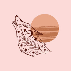 Shewolf wild moonchild. Ornate animal. Modern witch concept. Witchcraft culture. Harmony and zen. Crescent moon magic symbols. Vector illustration.