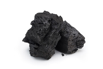 Hardwood charcoal, Burned wood isolated on white background.