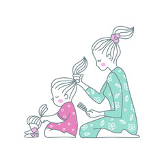 Mother, daughter and doll. Hairdressers. Vector illustration. icon.