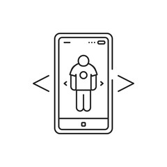 Augmented reality online shopping black line icon. Virtual fitting room in smartphone. Pictogram for web page, mobile app, promo. UI UX GUI design element