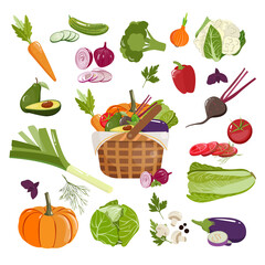 Collection of fruits and vegetables icons. Fresh ingredients in a basket. Vector illustration