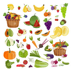 Vector collection with fruits and vegetables icons. Wicker baskets full of fruits and vegetables
