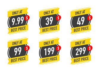 Sale only at $ 9.99 99 49 99 199 and 299 Dollars and Cent best price. Stickers Design in Flat Style on white background. Vector banners.