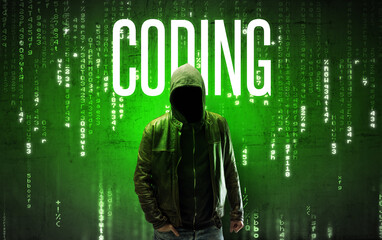 Faceless hacker with CODING inscription, hacking concept