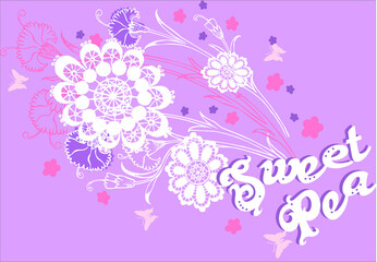 Sweet fairy. Floral design on violet background vector character illustration