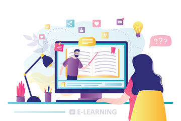 Fototapeta premium Online education, home schooling. Modern workplace, man teacher on laptop screen, woman watching online course.