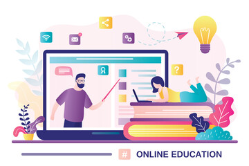 Online education concept banner. E-learning, home schooling. Girl student working on laptop