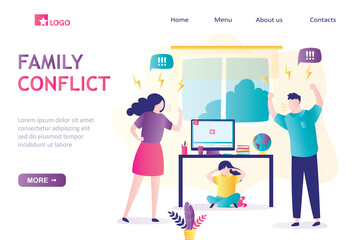 Family conflict landing page template. Quarrel in family. Angry parents swearing. Unhappy daughter sitting under tabl