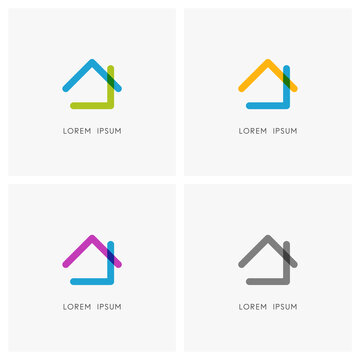 Home colored logo set. Simple outline bright house with roof and chimney symbol - realty, real estate and property, construction industry and building, creativity, design elements and art icons.