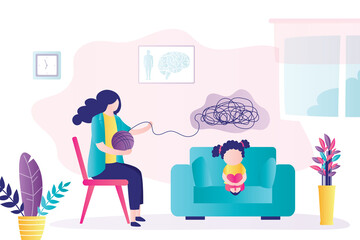 Girl kid at consultation with psychologist. Doctor is talking with teenager. Psychoanalysis, professional solves mental problems