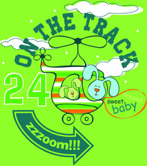 Funny bunny in the helicopter on green background vector character illustration