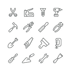 Tools related icons: thin vector icon set, black and white kit