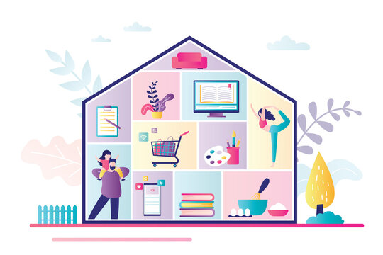 Home activities, entertainments and works. Family at home. House silhouette with rooms, people and household items.