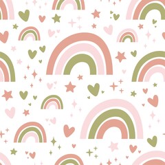 Fototapeta premium Seamless pattern with cute rainbows, stars and hearts.