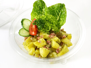Potato Salad with Bacon in a Plastic Bowl for Takeaway