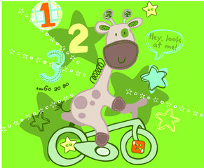 Cute giraffe on the bicycle with green background vector character illustration