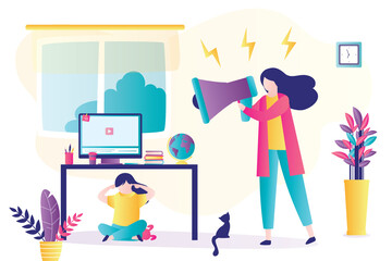 Child abuse. Parent abusing kid, mother shouts in loudspeaker to unhappy daughter.