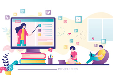 E-learning banner. Online education, home schooling. Woman teacher on monitor screen. Group of students