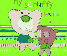 Funny teddy bears on green background vector character illustration