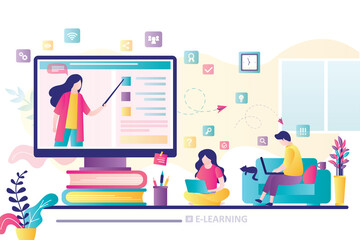 E-learning banner. Online education, home schooling. Woman teacher on monitor screen.