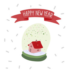 Happy New Year. Hand drawn lettering. Snow globe winter holiday card template.