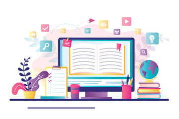 E-learning banner. Online education, home schooling. Modern workplace, open book on laptop screen.