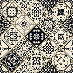 Seamless patchwork in turkish style. Hand drawn background. Azulejos tiles patchwork. Portuguese and Spain decor. Islam, Arabic, Indian, ottoman motif. Perfect for printing on fabric or paper