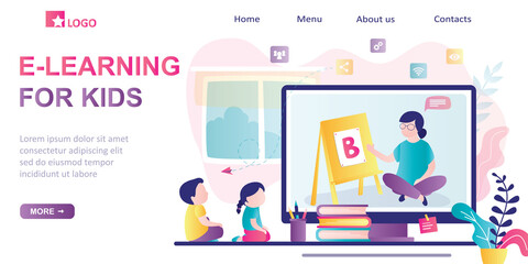 Fototapeta na wymiar E-learning for kids, landing page template. Online early childhood education courses. Free online preschool games,