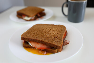 On plate is sandwich dark bread with sausage