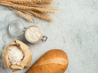 Wheat sourdough starter. Top view of bread making ingredients - glass jar with sourdough starter, flour in paper bag and ears over gray cement background. Copy space for text or design.