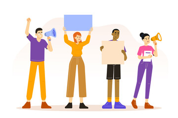 Protest concept. Group of male and female protesters or activists. Demonstration, revolution, meeting, parade, fighting for rights and justice. Multicultural people. Isolated vector illustration
