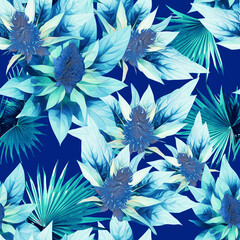 Fototapeta na wymiar Tropical flowers with palm leaves, seamless pattern.