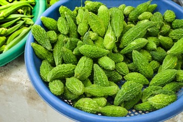 Green bitter gourd in blue basket.