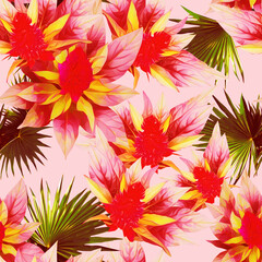 Tropical flowers with palm leaves, seamless pattern.