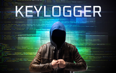 Faceless hacker with KEYLOGGER inscription on a binary code background