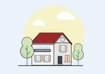 Cottage with red roof with trees on the sides