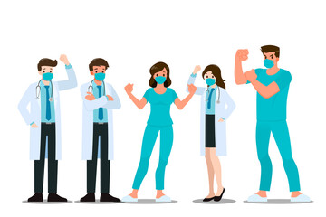 Fototapeta premium A character set of poses doctor wearing face mask & lab coat, stand & cheering together to fight and win COVID-19 or corona virus disease. Medical concept of flat style vector illustration design.
