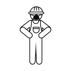 pictogram construction worker with safety helmet and protective mask, line style