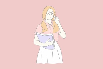 Pretty girl or woman wearing glasses and holding book, drawing character vector.