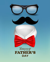 Happy Holiday Fathers Day Background With Red Bow Tie and Glasses and moustache. Vector.