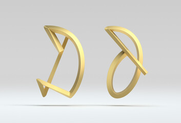 3d illustration of the cyrillic letter Д in gold metal on a white isolated background