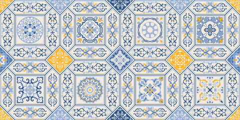 Seamless colorful patchwork in turkish style. Hand drawn background. Azulejos tiles patchwork. Portuguese and Spain decor. Islam, Arabic, Indian, ottoman motif. Perfect for printing on fabric or paper - obrazy, fototapety, plakaty