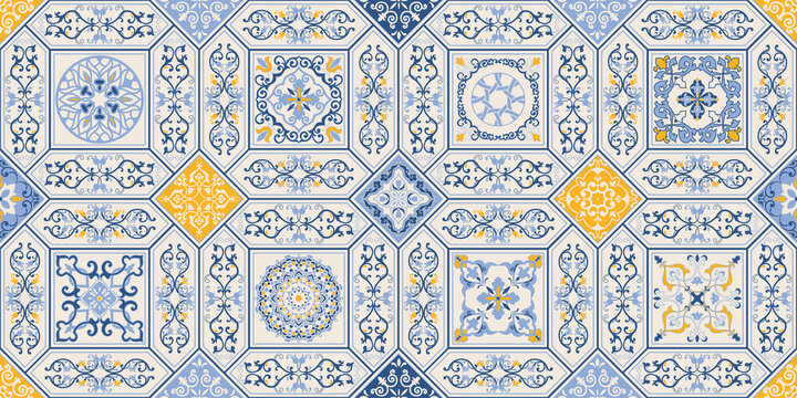 Seamless colorful patchwork in turkish style. Hand drawn background. Azulejos tiles patchwork. Portuguese and Spain decor. Islam, Arabic, Indian, ottoman motif. Perfect for printing on fabric or paper