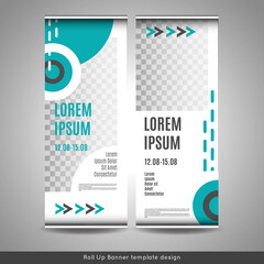 Roll Up banner layout template design with circles background and place for photo.