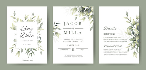 Fototapeta na wymiar wedding invitation card set template design with watercolor greenery leaf and branch 