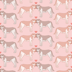 Saint Valentines Day dogs vector repeat pattern. Kawaii puppies in love seamless illustration background.