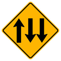 Warning signs Three Lane Traffic Road on white background