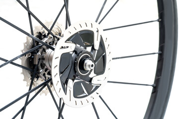 Close up Detail of a New hydraulic disk brake for road bike. New roadbike disc brake on white background.