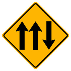 Warning signs Three Lane Traffic Road on white background